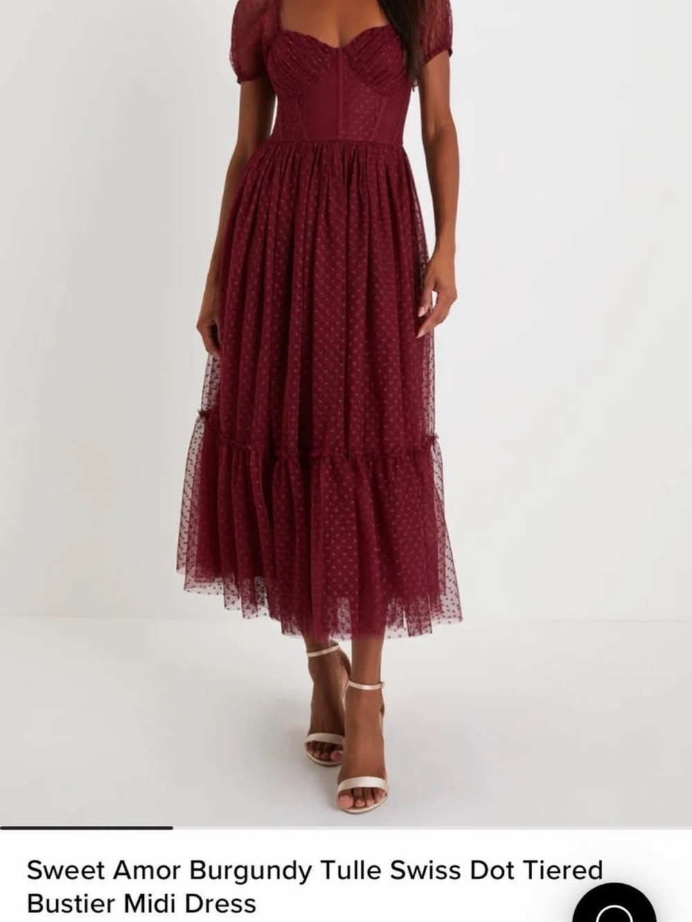 Lulu's Sweet Amor Burgundy Swiss Dot Tulle Tiered Bustier Midi Dress